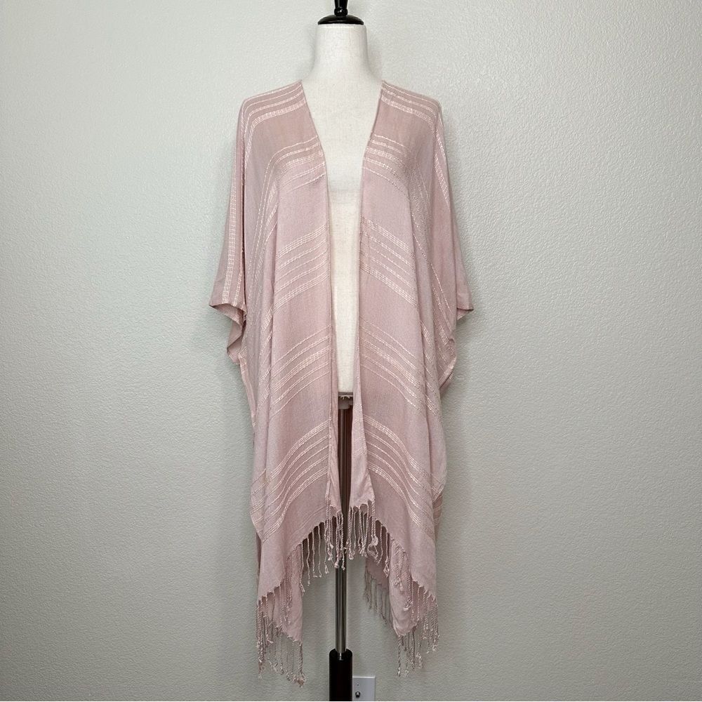 NWT a.n.a Woven Textured Peach Whip Wrap Kimono Coverup Fringe Cardigan
